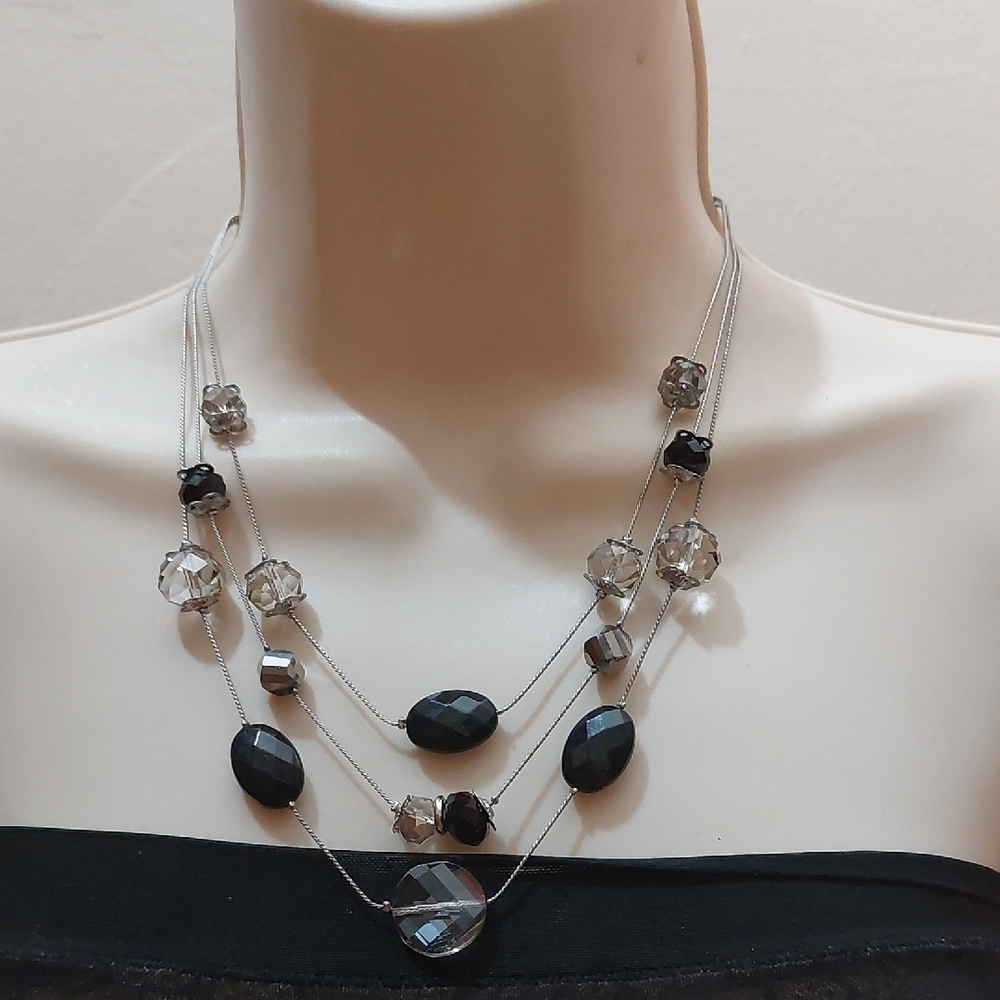 Floating Glass Beads Triple Layered Strands Statement Necklace